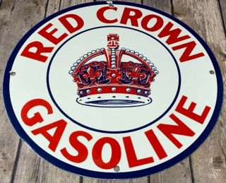 Vintage Red Crown Gasoline Motor Oil Porcelain Enamel Sign 12 " Service Station
