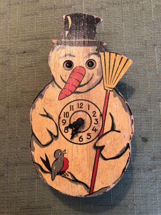 Vintage German Weight Driven Cuckoo Style Snowman Clock With Moving Eyes