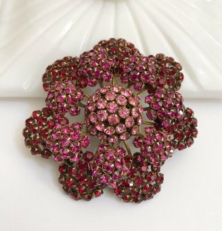 Stunning Massive SANDOR Pink Red Rhinestone Flower Brooch Pin 2