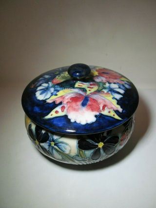 Vintage Moorcroft Queen Covered Bowl Dish 5 1/2 " Signed Floral Orchid Hibiscus