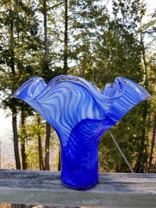 Stunning Vintage Murano Handkerchief/ruffled Italian Art Glass Vase Cobalt Blue