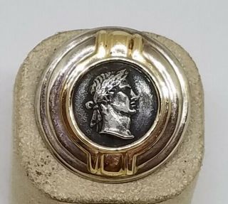 Vintage Estate Rigoberto Sterling Silver 14k Gold Caesar Coin Pendant 1 1/4 "