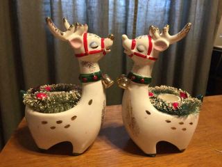 Vtg 1960 Lego Japan Christmas Reindeer Pair Candle Holders Holt Howard Era w Box 2