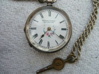 ANTIQUE SILVER ' KENDAL & DENT ' FOB WATCH WITH CHAIN AND KEY.  GOOD ORDER 2