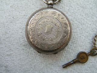 ANTIQUE SILVER ' KENDAL & DENT ' FOB WATCH WITH CHAIN AND KEY.  GOOD ORDER 3