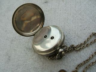 ANTIQUE SILVER ' KENDAL & DENT ' FOB WATCH WITH CHAIN AND KEY.  GOOD ORDER 4