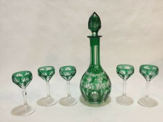 Vintage Bohemian Czech Green Cut To Clear Crystal Decanter & 5 Goblets Set