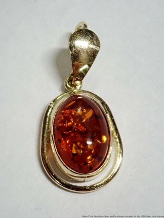 Vintage 14k Yellow Gold Natural Amber 8.  5x12mm Oval Cabochon Gemstone Pendant