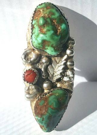 Vintage Navajo Ring Royston Turquoise Red Coral 2.  2 " Sterling Silver Sz 6.  75 - 7