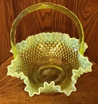 Rare Vintage Fenton Art Glass Topaz Yellow Opalescent Hobnail 12 " Basket