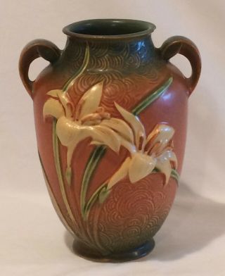 Vintage Roseville Pottery Zephyr Lily 2 Handle Vase Siena 134 - 8 Flower Urn Brown