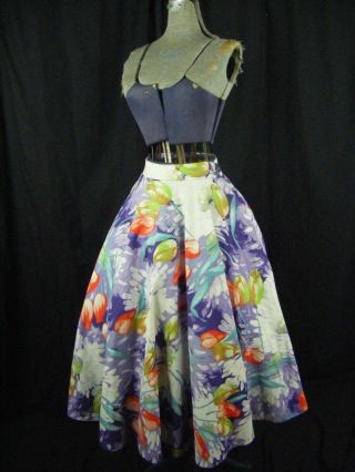 Rare Vtg 50s Purple/dr Orange Tulips Printed Cotton Full Circle Skirt - Waist 23 "
