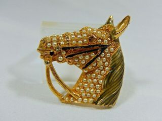 Very Rare Vtg Signed Art Horse Head Seed Pearl Pave Enamel Figural Brooch Pin