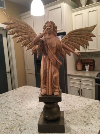 Very Large,  Vintage,  29” Tall,  Hand Carved Wood Angel,  With Wings On A Pedestal