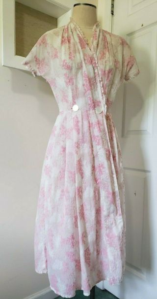 Vintage 1950 ' s Light Pink & White Floral House Dress Sheer Dolman Sleeve Pin - Up 2