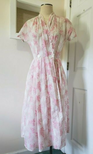 Vintage 1950 ' s Light Pink & White Floral House Dress Sheer Dolman Sleeve Pin - Up 3