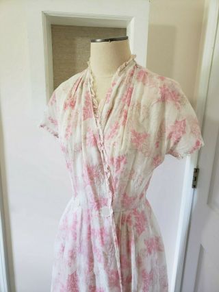 Vintage 1950 ' s Light Pink & White Floral House Dress Sheer Dolman Sleeve Pin - Up 5