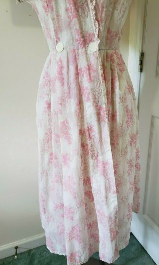 Vintage 1950 ' s Light Pink & White Floral House Dress Sheer Dolman Sleeve Pin - Up 6