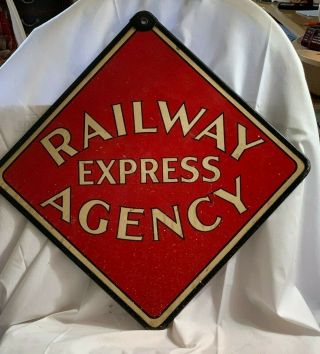 Vintage Railway Express Agency Diamond Shape Masonite Sign With Metal Frame
