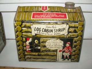 2 Vintage Early Towle ' s Log Cabin Syrup Tins Can Rabbit Mom Dad Girl 5 lb Large 2