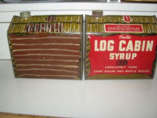 2 Vintage Early Towle ' s Log Cabin Syrup Tins Can Rabbit Mom Dad Girl 5 lb Large 4