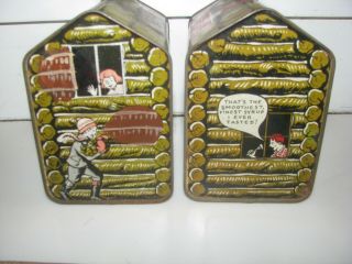 2 Vintage Early Towle ' s Log Cabin Syrup Tins Can Rabbit Mom Dad Girl 5 lb Large 5