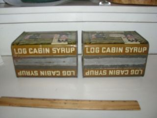 2 Vintage Early Towle ' s Log Cabin Syrup Tins Can Rabbit Mom Dad Girl 5 lb Large 7