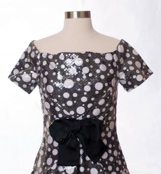 Vintage 80s Scaasi Black and White Polka Dot Sequin Dress Size Small 3