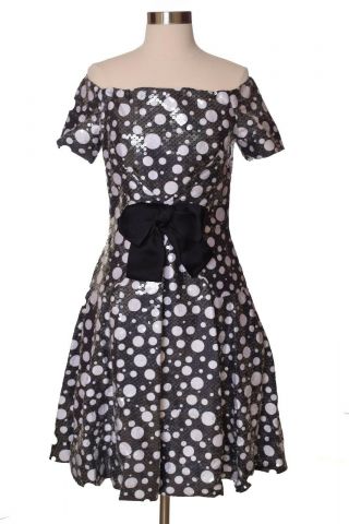 Vintage 80s Scaasi Black and White Polka Dot Sequin Dress Size Small 6