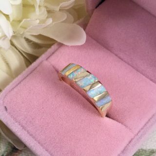 Vintage Jewellery Yellow Gold Band Ring With Opals Antique Art Deco Jewelry 7 O