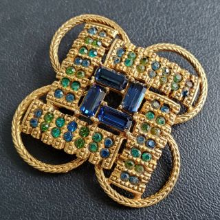 Signed Florenza Vintage Sapphire Blue Emerald Green Rhinestone Brooch Pin T64