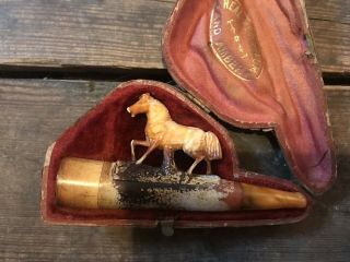 Vintage Meerschaum Pipe Carved Horse In Fitted Case Antique Smoke