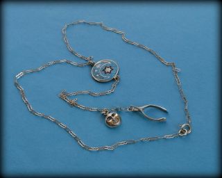 Vintage Enamel Star & Crescent Moon Necklace - Sterling Silver Wishbone Moon Man 3