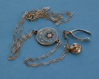 Vintage Enamel Star & Crescent Moon Necklace - Sterling Silver Wishbone Moon Man 5