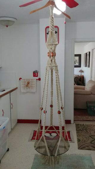 Large Vintage 60s 70s Macrame Hanging Glass Table Planter,  6 Ft With Table In