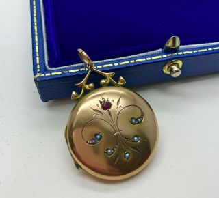 Antique Victorian 9ct Gold Bk & Ft Ruby/seed Pearl Locket