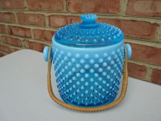 Scarce Vintage Fenton Glass Blue Hobnail Opalescent Cookie Jar