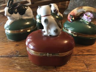 VTG PORCELAIN HINGED ENAMEL BOX RABBIT CAT DOG PHEASANT ROBINSON ' S & FITZ FLOYD 4