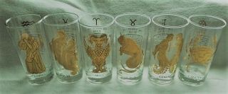 Vintage Barware Gold Etched Zodiac Glasses,  Complete Set Of 12 -