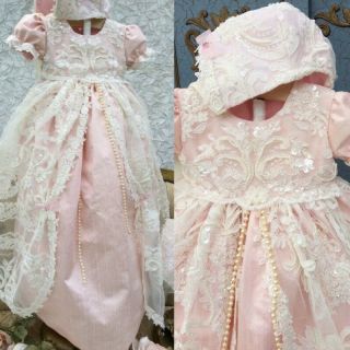 Soft Pink Baptism Dress Christening Baby Gown Boat Neck Top Lace Vintage 0 - 24m