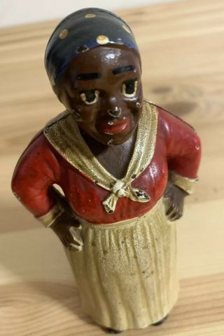 Vintage Antique Black Americana Cast Iron Bank Mammy Aunt Jemima Maid Blue Red