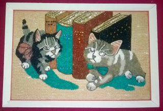 Vtg 1950s 60s Gravel Plastic Pebble Mosaic Mid Century Wall Art Kittens Cats