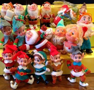 Vintage Christmas Elf Dwarf Gnome 18 Ornaments Taiwan Plastic