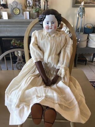 Rare Antique 24 " Flat Top China Head Doll W/brown Eyes - C1870s Or Later