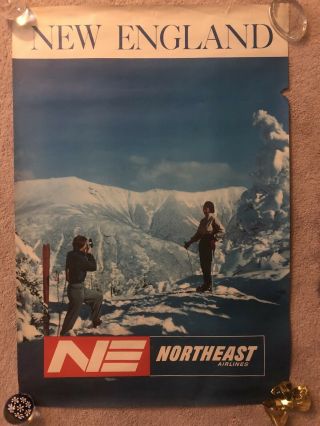 Rare Vtg Northeast Airlines England Travel Poster Skiing Ski Skier Poster