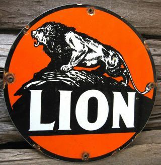 Lion Gasoline Vintage Porcelain Enamel Gas Pump Plate Oil Metal Sign