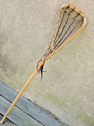 Vintage Wood Wooden Lacrosse Stick Leather Sinew 41 " Long