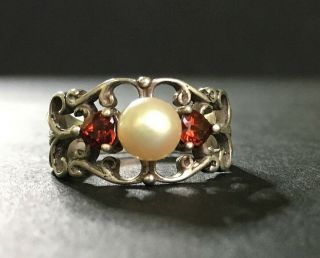 Antique Victorian Sterling Silver Natural Saltwater Pearl & Red Garnet Ring 7.  75