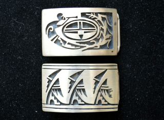 Pair Vintage Native American Hopi Sterling Silver Signed Belt Buckles