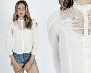 Vintage 70s Gunne Sax Blouse Ivory Sheer Lace Renaissance Boho Prairie Top